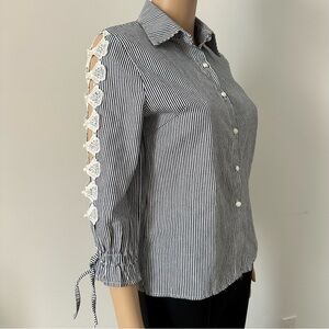Striped Blouse with Lace and Pearl Sleeves